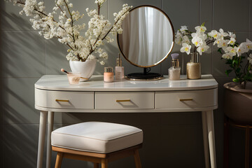Empty modern, minimal beige dressing table, gold handle drawer storage, twig glass vase, round vanity mirror in cream wall bedroom in sunlight for luxury beauty, cosmetic, generative AI