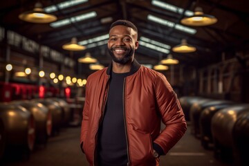 Obraz premium Sports portrait photography of a glad boy in his 30s wearing a sleek bomber jacket against a lively brewery background. With generative AI technology