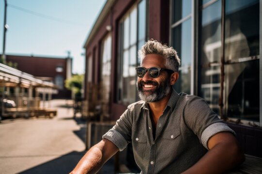 Environmental portrait photography of a happy mature boy wearing a trendy sunglasses against a lively brewery background. With generative AI technology