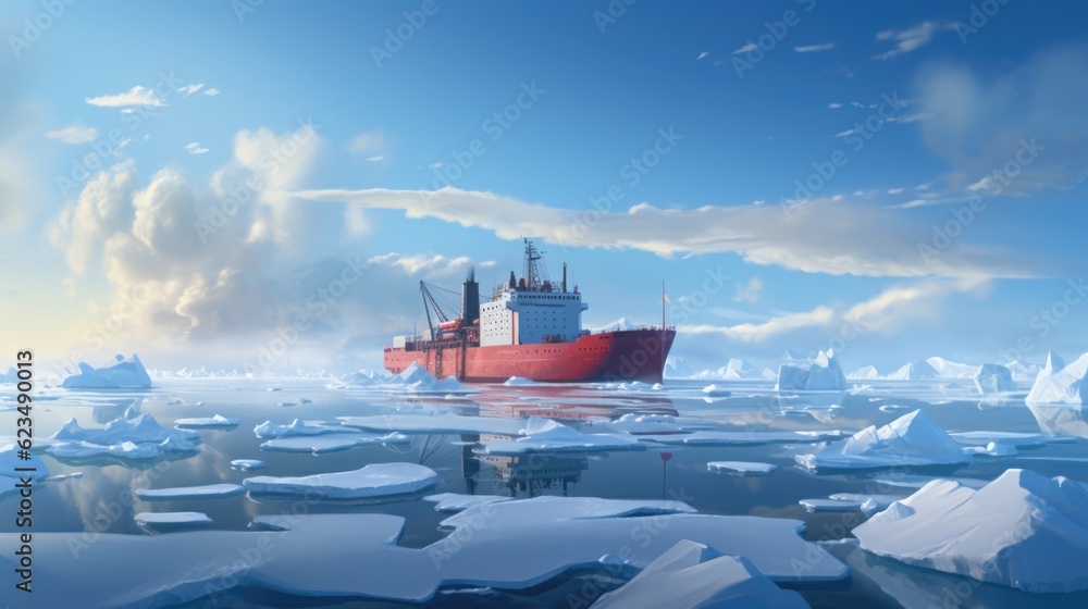 Wall mural an icebreaker ship with red hull sails arctic ocean with floating ice under cloudy blue sky