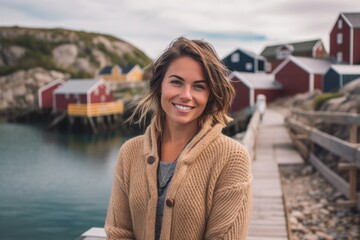 Fototapeta na wymiar Studio portrait photography of a glad girl in her 30s wearing a chic cardigan against a picturesque fishing village background. With generative AI technology