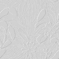 White emboss doodle lines exotic flowers textured 3d seamless pattern. Floral embossed background. Grunge backdrop. Line art doodle flowers, leaves. Tropical hand drawn surface plants ornaments