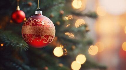 Close up decorated christmas tree with bokeh background. Generative ai.