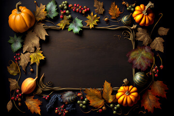 Dark  frame with autumn harvest or Thanksgiving day pumpkins, fall leaves and fruits, generative ai