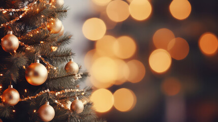 Obraz na płótnie Canvas Close up decorated christmas tree with bokeh background. Generative ai.