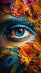 Photo of a woman with a beautifully painted face adorned with flowers and feathers.generative ai