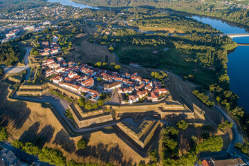 aerial drone view at sunrise of the fortified city of Valença do Minho, Portugal