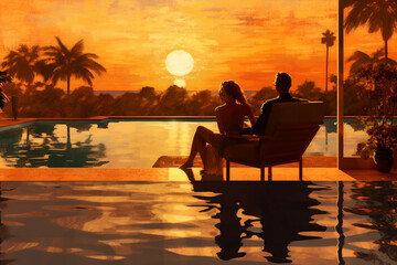 Fototapeta na wymiar back couple romantic travel relax honeymoon pool swimming vacation sunset. Generative AI.