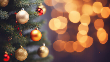 Fototapeta na wymiar Close up decorated christmas tree with bokeh background. Generative ai.