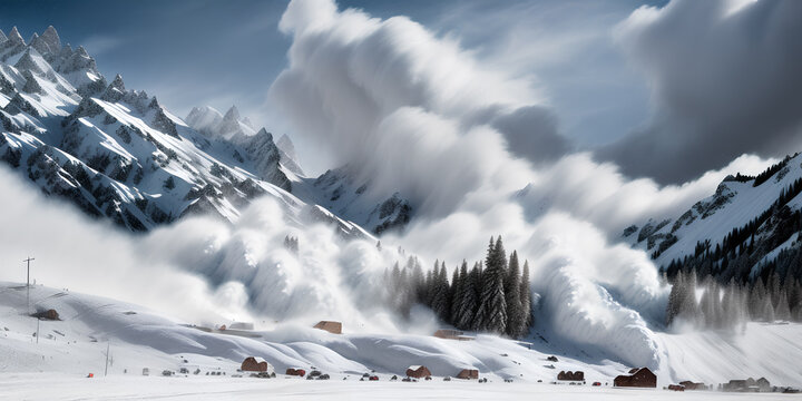 giant snow avalanche descends on the building. generative ai