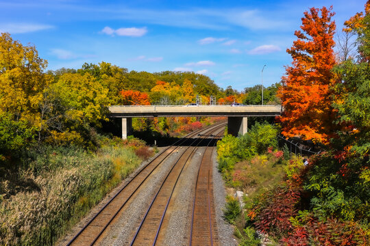 railway and bridge in autumn, burlington, ontario, canada