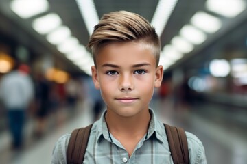 Naklejka premium Close-up portrait photography of a glad kid male wearing a casual short-sleeve shirt against a bustling subway station background. With generative AI technology