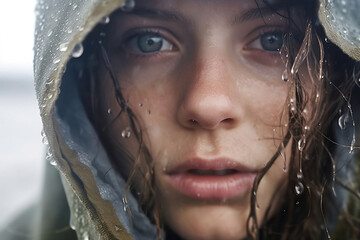 Close up portrait of caucasian brunette blue eyes in old grey hoody in wet face, droplet of water are on over the head and face