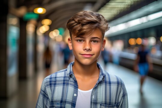 Close-up portrait photography of a glad kid male wearing a casual short-sleeve shirt against a bustling subway station background. With generative AI technology