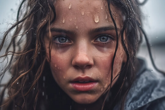 Close up portrait of young caucasian girl in dark blue raincoat with wet face standing outdoor