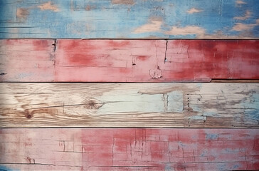 Texture of wood panels in red blue and pink, old wooden background wallpaper , rusty paint almost peel out 