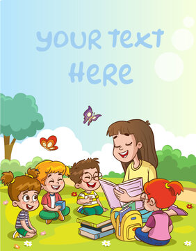 Teacher reading books to children.Children and teacher in the park vector illustration