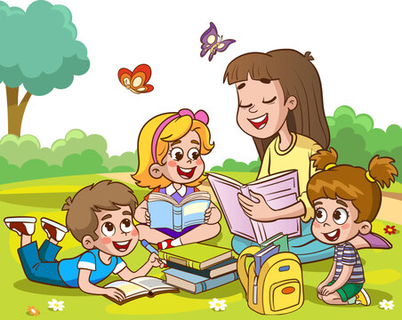Teacher reading books to children.Children and teacher in the park vector illustration