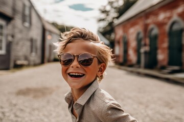 Editorial portrait photography of a joyful boy in his 30s wearing a trendy sunglasses against a historic colonial village background. With generative AI technology