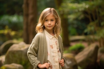 Fototapeta premium Studio portrait photography of a glad kid female wearing a chic cardigan against a tranquil japanese garden background. With generative AI technology