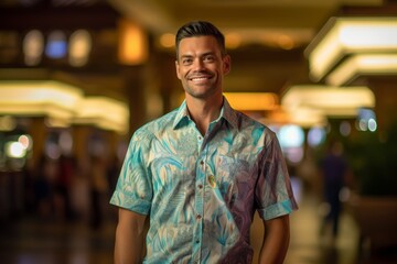 Fototapeta premium Lifestyle portrait photography of a satisfied boy in his 30s wearing a classy button-up shirt against a bustling casino background. With generative AI technology