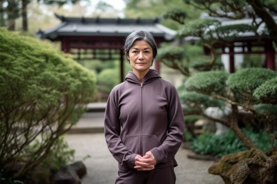 Urban fashion portrait photography of a tender mature woman wearing a comfortable tracksuit against a tranquil japanese garden background. With generative AI technology