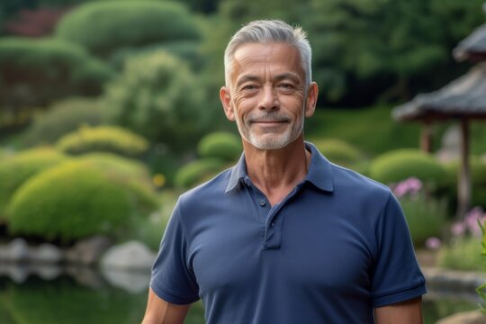 Eclectic portrait photography of a glad mature boy wearing a sporty polo shirt against a tranquil japanese garden background. With generative AI technology