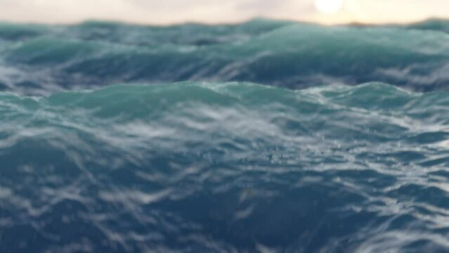 Waves on ocean. Stormy sea loop scene. Camera shaking on water. Soft focus, low angle view. Closeup. Sunset highlights on water.