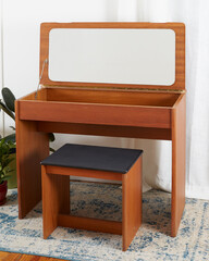 Mid-Century Modern vanity. Classic teak makeup table or media cabinet with matching stool.