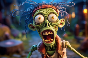 A surprise zombie with funny expression in 3d cartoon style 