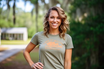 Fototapeta premium Studio portrait photography of a tender girl in her 30s wearing a fun graphic tee against a historic plantation background. With generative AI technology
