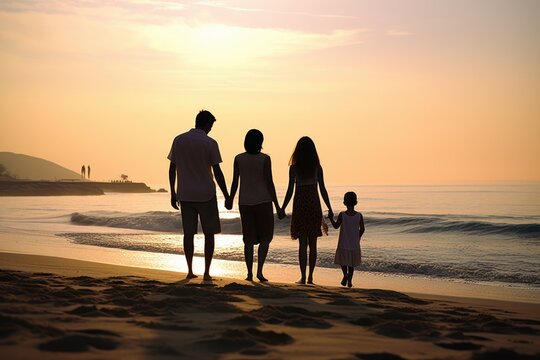 a photo of a lovely family on the beach. parents and their kids looking at the sea water on an island. photo taken behind from the back. hot summer weather vacation. sunset in evening. Generative AI