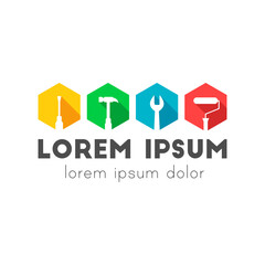 Work tools as icons and logo concept. Colorful work tool icon set with screwdriver, hammer, wrench, paint roller and yellow, green, blue, red color isolated in white background.