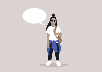 A full body portrait of a school kid carrying a backpack on one strap, a comic book speech bubble with a copy space beside