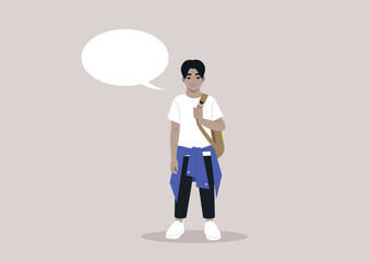 A full body portrait of a school kid carrying a backpack on one strap, a comic book speech bubble with a copy space beside