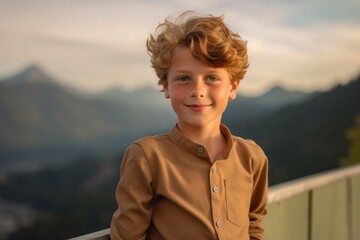 Close-up portrait photography of a satisfied kid male wearing a chic jumpsuit against a scenic mountain overlook background. With generative AI technology