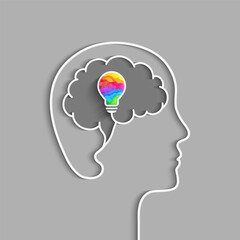 Creative thinking and idea concept with head, brain and colorful light bulb