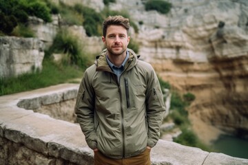 Environmental portrait photography of a satisfied boy in his 30s wearing a lightweight windbreaker against a serene rock garden background. With generative AI technology