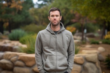 Editorial portrait photography of a satisfied boy in his 30s wearing a comfortable hoodie against a serene rock garden background. With generative AI technology