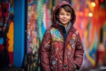 Obraz na płótnie Canvas Studio portrait photography of a glad kid male wearing a cozy winter coat against a vibrant street mural background. With generative AI technology