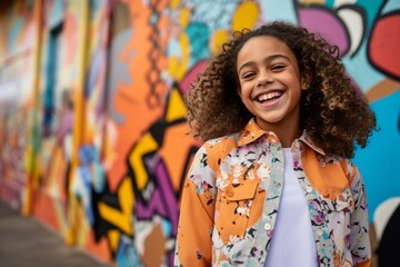 Fototapeta premium Editorial portrait photography of a happy kid female wearing a classy button-up shirt against a vibrant street mural background. With generative AI technology