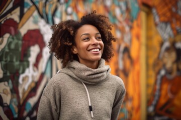Obraz premium Photography in the style of pensive portraiture of a grinning girl in her 30s wearing a cozy sweater against a vibrant street mural background. With generative AI technology