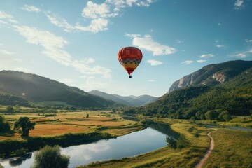 Fototapeta premium Beautiful view of mountains and lake, aerostat fly hot baloon