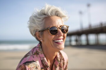 Lifestyle portrait photography of a grinning old woman wearing a trendy sunglasses against a scenic beach pier background. With generative AI technology