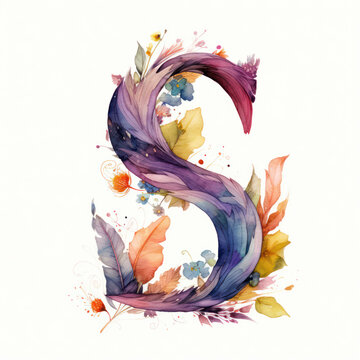 letter S in ornate colourful watercolour feather illustration style, bright colours, alphabet abc typography font letters