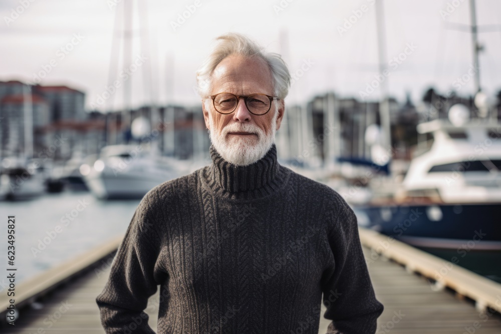 Wall mural Urban fashion portrait photography of a glad old man wearing a classic turtleneck sweater against a busy marina background. With generative AI technology