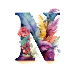 letter N in ornate colourful watercolour feather illustration style, bright colours, alphabet abc typography font letters