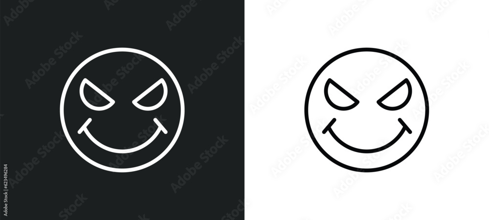 Poster evil smile icon isolated in white and black colors. evil smile outline vector icon from user interfa