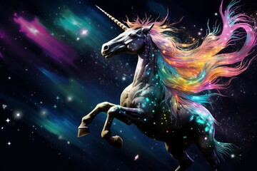 Unicorn with cosmic stars background. 