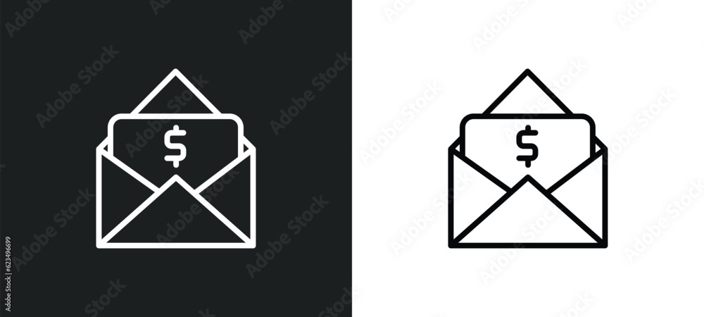 Poster dollars in a mail icon isolated in white and black colors. dollars in a mail outline vector icon fro